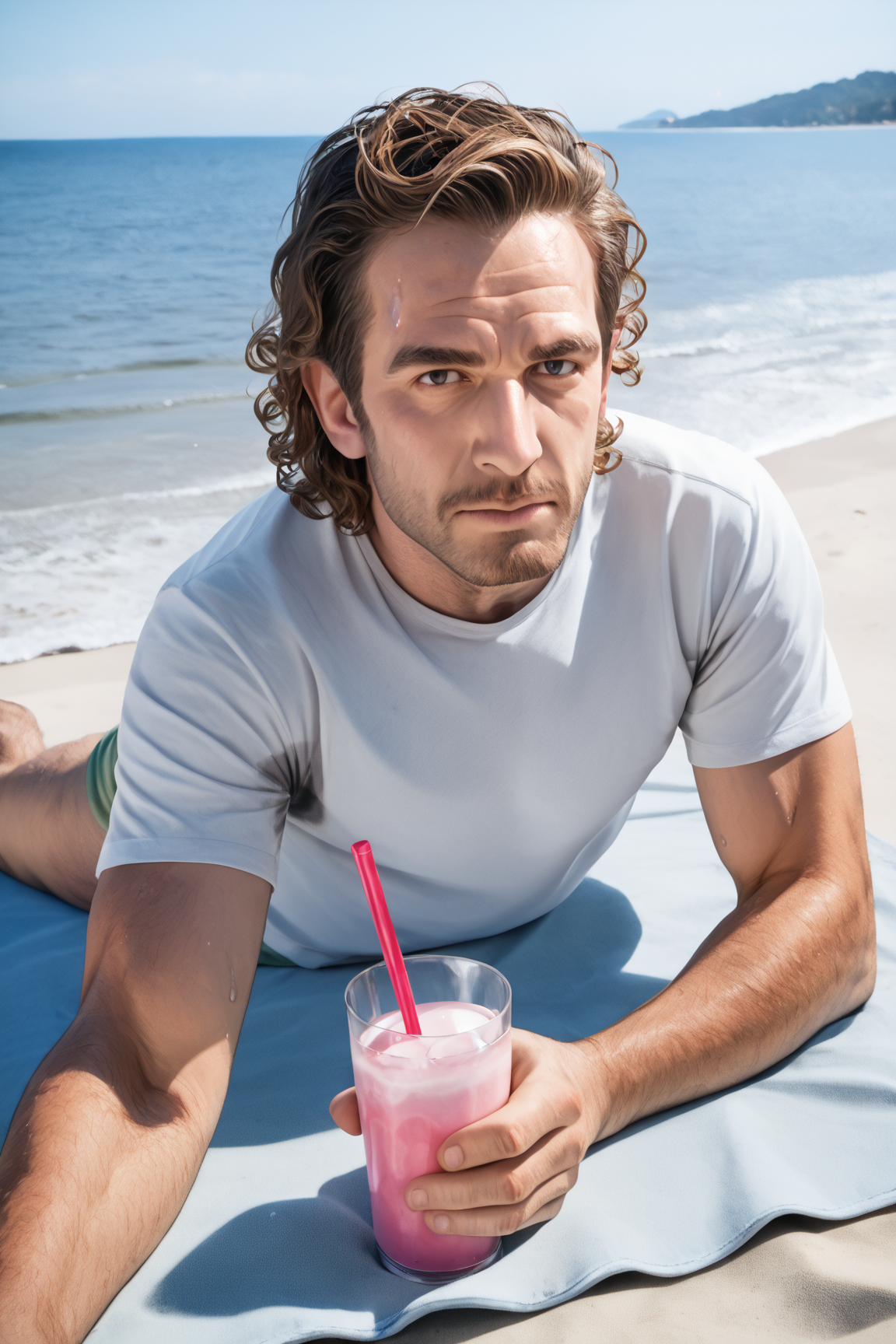 zPDXL, score_9, score_8_up, score_7_up, raw, photo, realistic, shirt with sweat,( s3t on:1.3) [armpit:15], (1boy, man, tough, masculine:1.2), (hands down, arms down:1.1), male focus, masculine, handsome, pov, Jacob, medium hair, wavy hair, (gray:1.4)_(t-shirt with sweat:1.3), sleeves, dark green-shorts, prone position, laying on stomach on a towel, leaning on laying down, looking at viewer, beach, sand, (dynamic pose:1.2), one arm( holding a glass:1.2), hand on a pink drink with ice, hairy legs, hairy arms, natural lighting, BREAK
raw photo, background is a (beach:1.3), sand, sun, clouds, detailed background,   <lora:Photo 2 Style SDXL_LoRA_Pony Diffusion V6 XL:0>
<lora:sweaty_shirt_PONY_Realistic_v1_18_bm3:1.75> <lora:Pony_QualityV4.0:0.8>
