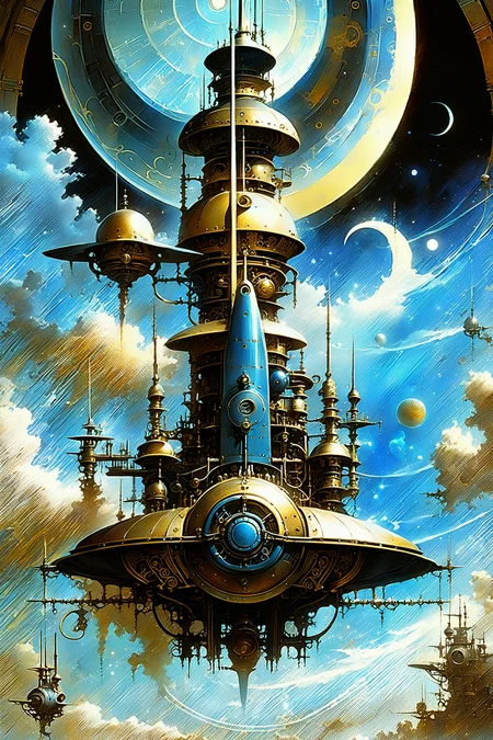 fantastic futuristic steam punk made of shiny brass towers, floating_swirls_made_of_steam, steam, smoke, blue sky, silver moons, dramatic color palette, <lora:add-detail-xl:2> misc   <lora:DonMW15pXL:0.5> DonMW15pXL,  <lora:d\EnvyFantasticXL01:1> <lora:John Berkey Style:0.6> John Berkey Style page, (masterpiece:1.2), best quality, (hyperdetailed, highest detailed:1.2), high resolution textures, <lora:EnvyBetterHiresFixXL01:1>