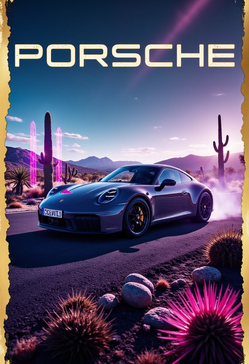Epic Poster with text":Porsche",
Porsche 911 GTS with numberplate reads "CIVIT" driving through a futuristic desert with holographic cacti and a neon-lit sky, blending past and future aesthetics, ultra-realistic yet surreal,
, detailmaximizer, gold frame, secretlab