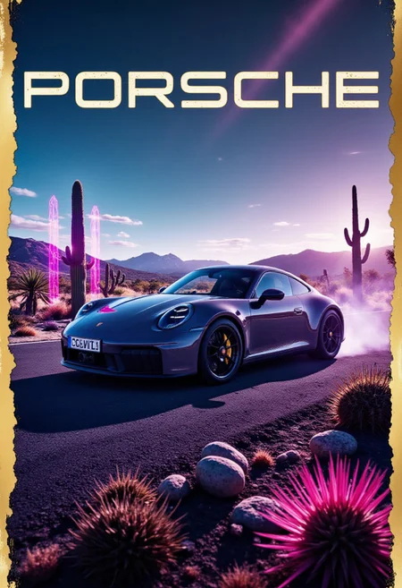 Epic Poster with text":Porsche",
Porsche 911 GTS with numberplate reads "CIVIT" driving through a futuristic desert with holographic cacti and a neon-lit sky, blending past and future aesthetics, ultra-realistic yet surreal,
, detailmaximizer, gold frame, secretlab