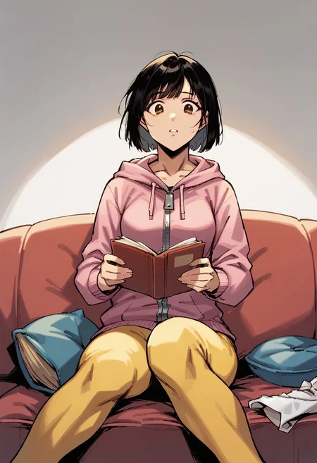 score_9, score_8_up, score_7_up, score_6_up, Sabr1nA, t0nym0r3, masterpiece, best quality, BREAK 1girl, solo, thin, open eyes, brown eyes, medium breasts, black hair, bob haircut, medium hair, ((short pink hoodie with hood and zipper)), novel, seamless yellow leggings, white sneakers BREAK sitting on the red sofa, reading book, living room, daylight
