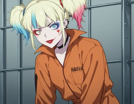 score_9, score_8_up, score_7_up, source_anime,
harleyquinn, <lora:harley-quinn-s1-ponyxl-lora-nochekaiser:1>
harley quinn, bangs, blue eyes, blonde hair, twintails, blue hair, multicolored hair, choker, gradient hair, makeup, piercing, pink hair, lips, lipstick, red lips,
long sleeves, pocket, jumpsuit, orange jumpsuit,
prison, prison cell, smile, on side,
looking at viewer, cowboy shot, dutch angle, solo,