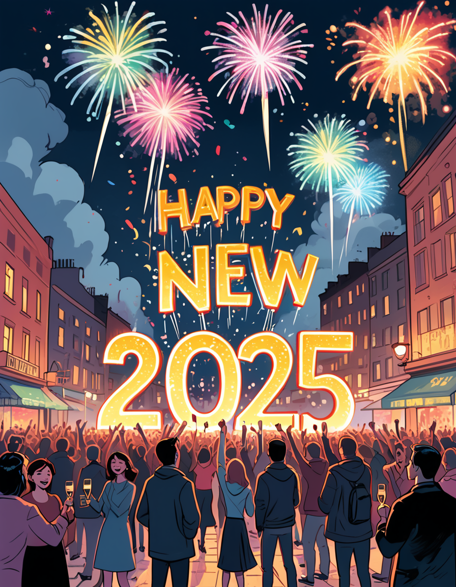 positiv Clip L:
   ink, illustration, celebration scene, with fireworks lighting up the night sky in vivid colors, a cheerful crowd gathered in a festive urban square, people holding sparkling champagne glasses, 'Happy New Year 2025' displayed in glowing letters, a joyful and optimistic atmosphere, ultra-detailed comic book style, with dynamic lighting and a polished festive aesthetic.
positiv Clip G:
   ink, illustration, celebration scene, with fireworks lighting up the night sky in vivid colors, a cheerful crowd gathered in a festive urban square, people holding sparkling champagne glasses, 'Happy New Year 2025' displayed in glowing letters, a joyful and optimistic atmosphere, ultra-detailed comic book style, with dynamic lighting and a polished festive aesthetic.