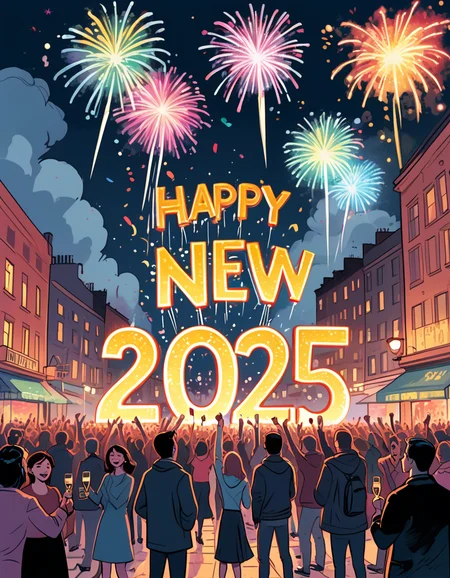positiv Clip L:
   ink, illustration, celebration scene, with fireworks lighting up the night sky in vivid colors, a cheerful crowd gathered in a festive urban square, people holding sparkling champagne glasses, 'Happy New Year 2025' displayed in glowing letters, a joyful and optimistic atmosphere, ultra-detailed comic book style, with dynamic lighting and a polished festive aesthetic.
positiv Clip G:
   ink, illustration, celebration scene, with fireworks lighting up the night sky in vivid colors, a cheerful crowd gathered in a festive urban square, people holding sparkling champagne glasses, 'Happy New Year 2025' displayed in glowing letters, a joyful and optimistic atmosphere, ultra-detailed comic book style, with dynamic lighting and a polished festive aesthetic.