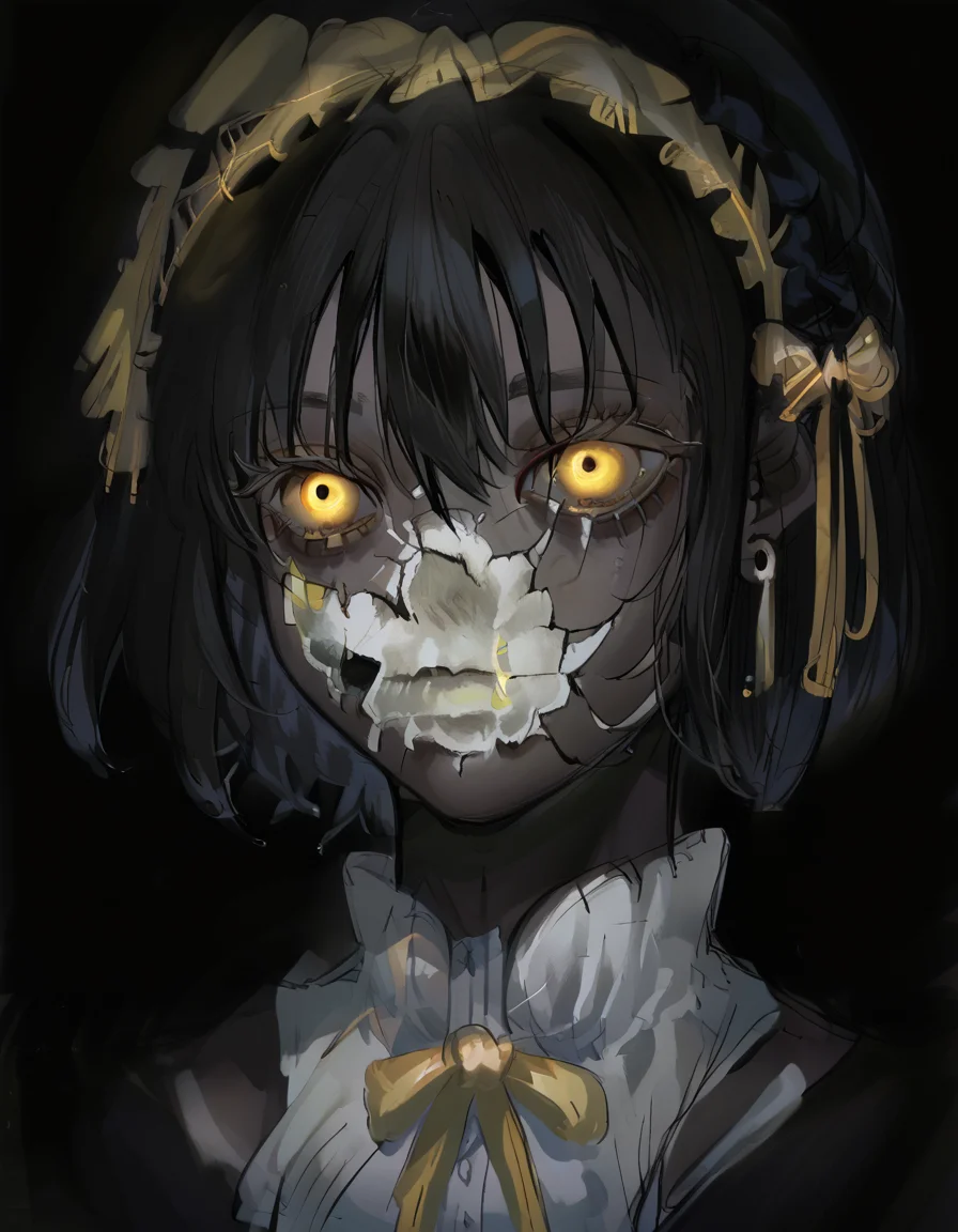 score_9, score_8_up, score_7_up, source_anime, upper body, solo, black background, 1girl, black hair, CoverMadrabyNewDad, eveyuno, black skin, yellow eyes, <lora:CoverMadrabyNewDad:1>, <lora:eveyuno:0.8>