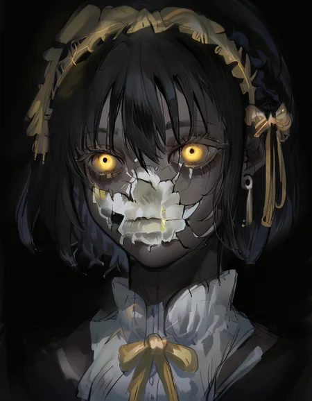 score_9, score_8_up, score_7_up, source_anime, upper body, solo, black background, 1girl, black hair, CoverMadrabyNewDad, eveyuno, black skin, yellow eyes, <lora:CoverMadrabyNewDad:1>, <lora:eveyuno:0.8>
