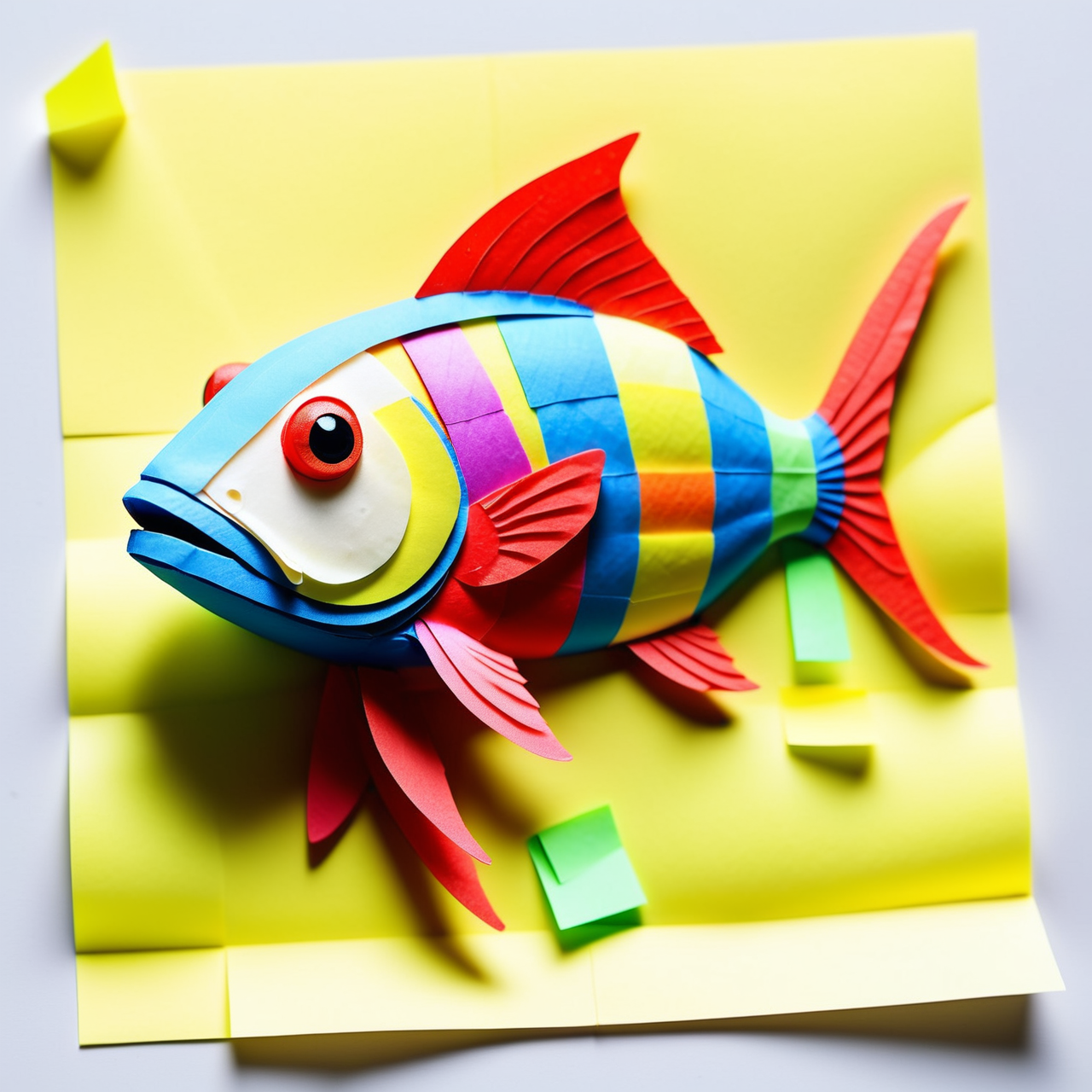 angle from above of a Lanternfish, Shabby, Realistic, Alternative Art, Accent lighting, Primary Colors, Well-visualised, dslr, Jed-StickyN, <lora:StickyNotesStyle:1>, flowing, sharp focus, lush, cute, imposing