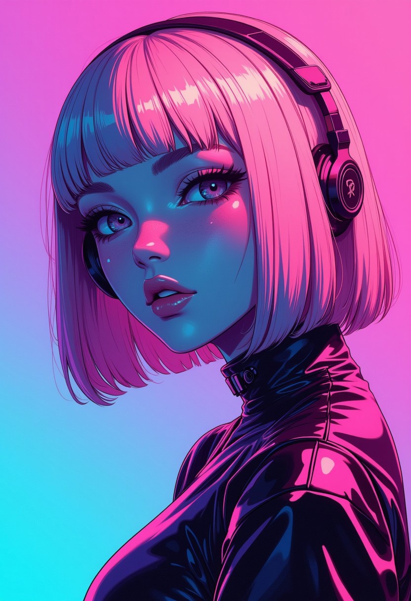 abstract photorealistic ink image in vivid, surreal colour gradient, closeup side portrait of oriental goth cyberpunk woman, straight-cut bob, bangs, headphones, bleached hair
