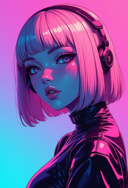 abstract photorealistic ink image in vivid, surreal colour gradient, closeup side portrait of oriental goth cyberpunk woman, straight-cut bob, bangs, headphones, bleached hair