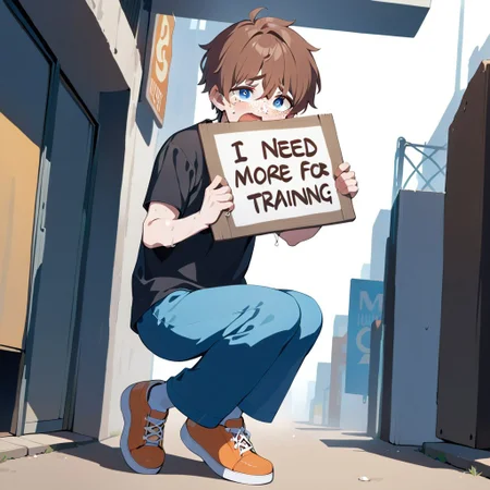 guy holding up a sign that says "I need more buzz for training."
masterpiece, best quality, 
1boy, solo, (white skin), brown hair, athletic, freckles, black shirt, t-shirt, chin scruff, blue pants, big eyes, blue eyes, huge pupils, checkerboard symbol on shirt, orange shoes, full body, sign, tears,