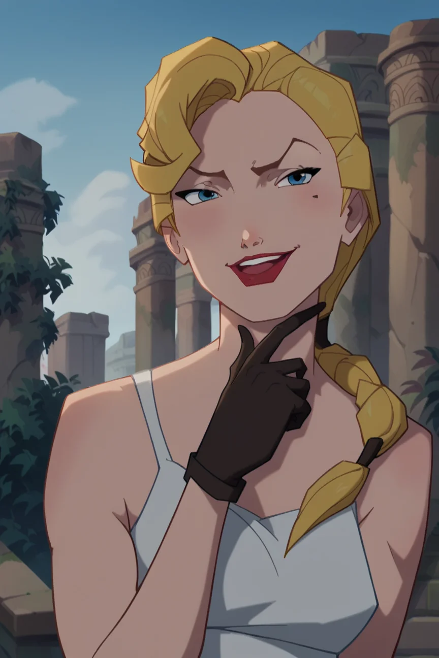 score_9, score_8_up, score_7_up, <lora:ATlantis:0.9>,helga sinclair, blonde hair, blue eyes, mole, mole under eye, long hair, medium breasts,black gloves, tank top, green pants, lipstick, makeup, smile, red lips, braid, evil grin, standing, hand on chin, outdoors, portrait, solo, best quality, high quality,2d, cartoon