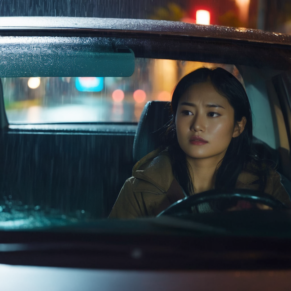 cinematic film still of  <lora:Kodak Motion Picture Film Style:1.2> redcode raw, ARRIRAW, 
Best Cinematography an asian young woman sleeping in backseat car window in the rain at night with street light on in background Kodak Motion Picture Film Style, shallow depth of field, vignette, highly detailed, high budget, bokeh, cinemascope, moody, epic, gorgeous, film grain, grainy