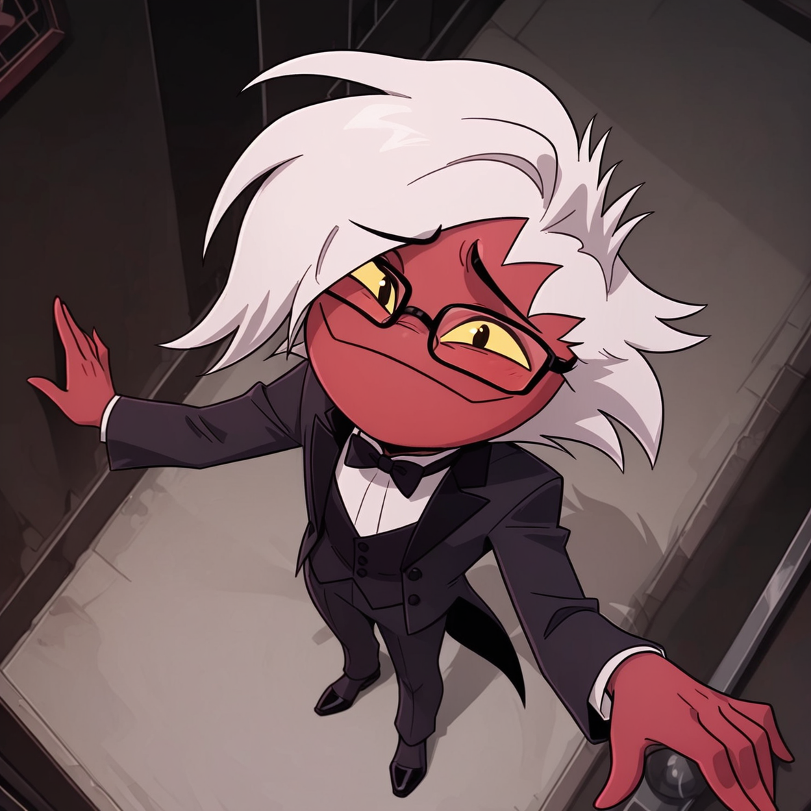 <lora:Intern-05:1> 1boy, solo, red skin, white hair, smile, male focus, masterpiece, high quality, full body, view from above, black tuxedo,glasses, <lora:add-detail-xl:1>   <lora:illustriousXL_stabilizer_v1.72:0.8>