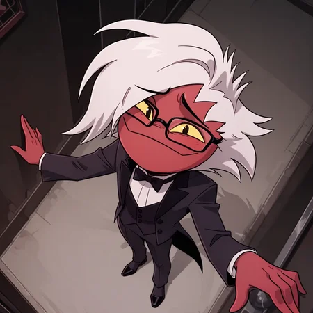 <lora:Intern-05:1> 1boy, solo, red skin, white hair, smile, male focus, masterpiece, high quality, full body, view from above, black tuxedo,glasses, <lora:add-detail-xl:1> <lora:illustriousXL_stabilizer_v1.72:0.8>