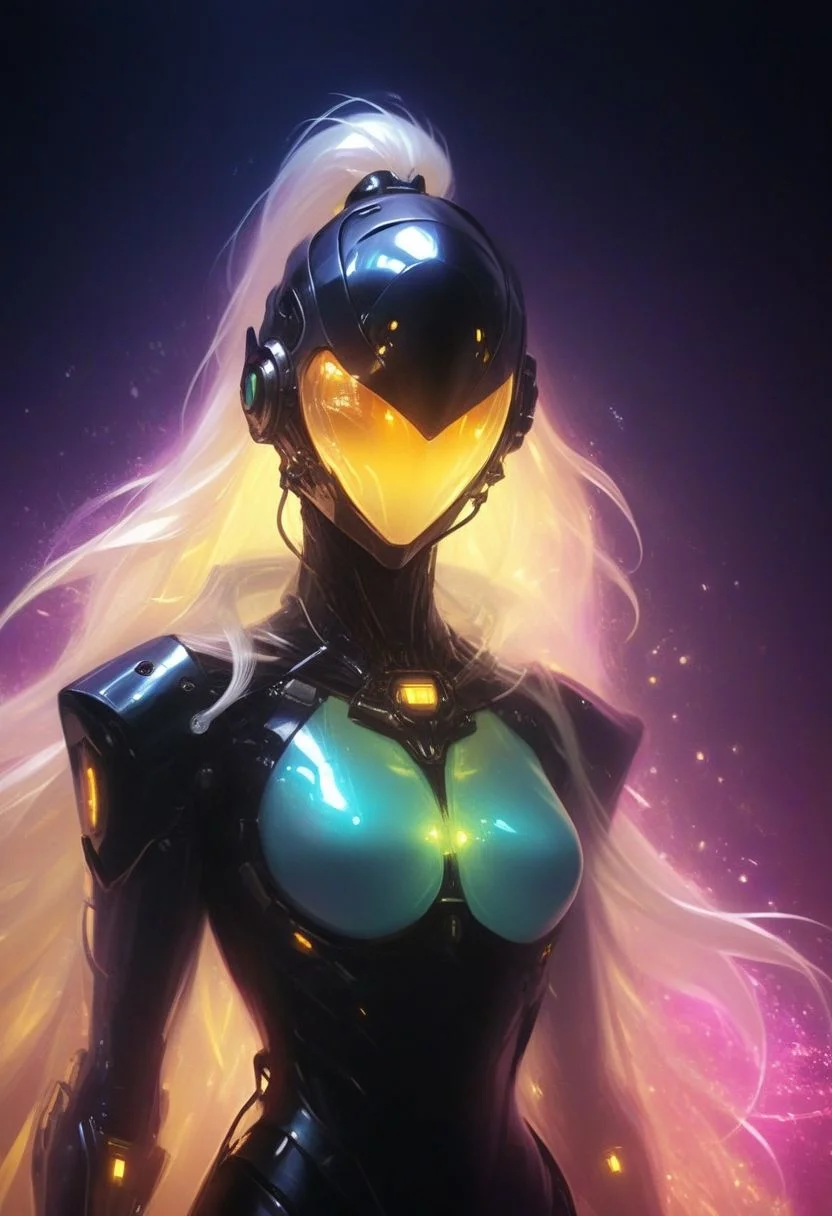 resembling intricately-detailed daft punk, an excentric laughing feudal wired-cyborg hkfuture Rococo shinobi, vibrant translucent DARK-AMBER colorful, 80s synthwave style, translucent red velvet high collar blouse, the face shrouded in darkness, a Large hooded Linen Cape with Highlights and Ornaments, volumetric lighting, 4esthet1c background, ultra detailed, deep Blacks, very detailed, atmospheric haze, Film grain, cinematic film still, shallow depth of field, highly detailed, high budget, cinemascope, moody, epic