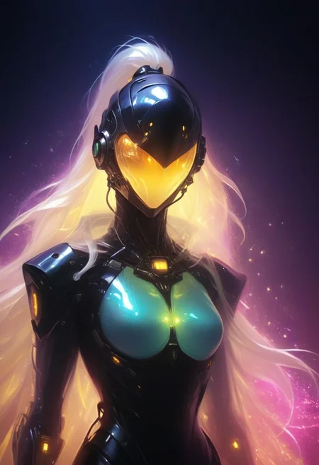 resembling intricately-detailed daft punk, an excentric laughing feudal wired-cyborg hkfuture Rococo shinobi, vibrant translucent DARK-AMBER colorful, 80s synthwave style, translucent red velvet high collar blouse, the face shrouded in darkness, a Large hooded Linen Cape with Highlights and Ornaments, volumetric lighting, 4esthet1c background, ultra detailed, deep Blacks, very detailed, atmospheric haze, Film grain, cinematic film still, shallow depth of field, highly detailed, high budget, cinemascope, moody, epic