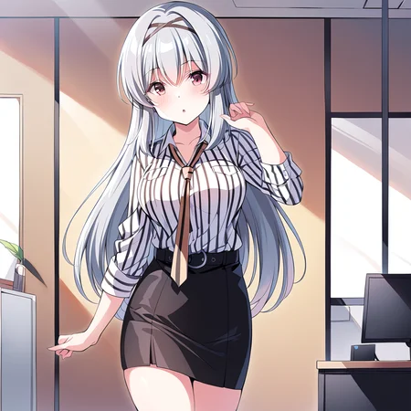 masterpiece,tendorui,1girl,solo,tendorui hairband,parted lips,hand up,tendcasual shirt,tendcasual skirt,tendcasual boots,standing,looking at viewer,<lora:tendorui:0.8>,office,Tyndall effect,