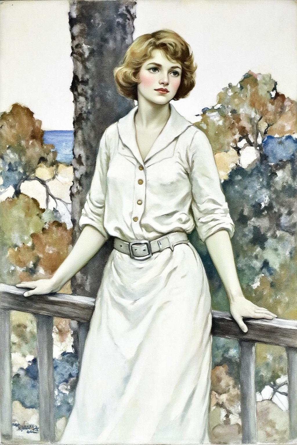schoonover1 illustration.
A young woman stands slightly to the left of the center. She wears a light, white, long-sleeved dress with a belted waist. Her short, loose curls frame her contemplative expression. <lora:schoonover1_cap_d6a3e11:1.0><lora:831472713504756670:0>