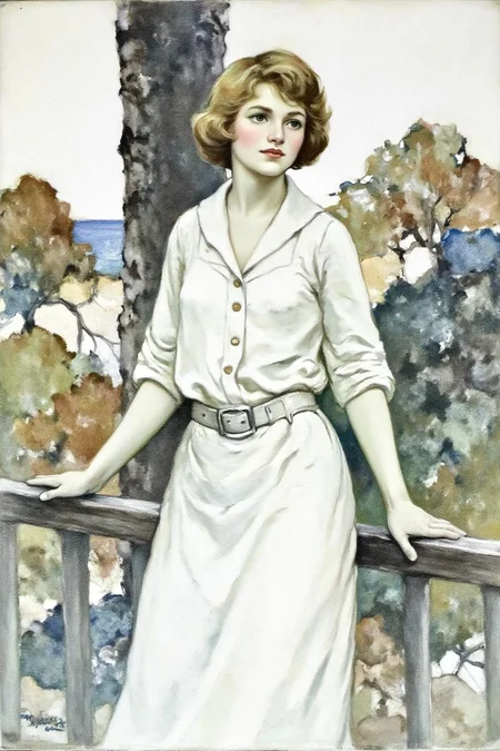 schoonover1 illustration.
A young woman stands slightly to the left of the center. She wears a light, white, long-sleeved dress with a belted waist. Her short, loose curls frame her contemplative expression. <lora:schoonover1_cap_d6a3e11:1.0><lora:831472713504756670:0>