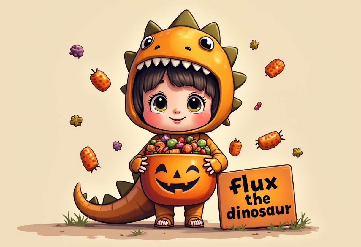 Cartoon of a cute little girl dressed up for Halloween as a dinosaur holding your Halloween bucket full of candy with a sign on the ground displaying the text "flux the dinosaur"