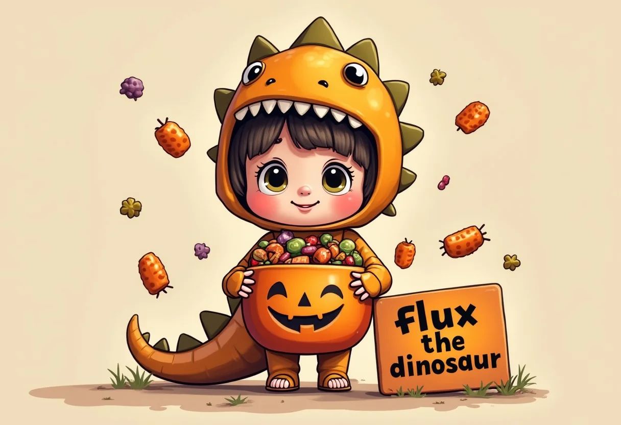 Cartoon of a cute little girl dressed up for Halloween as a dinosaur holding your Halloween bucket full of candy with a sign on the ground displaying the text "flux the dinosaur"