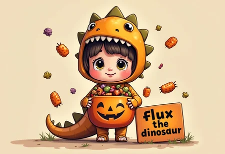 Cartoon of a cute little girl dressed up for Halloween as a dinosaur holding your Halloween bucket full of candy with a sign on the ground displaying the text "flux the dinosaur"