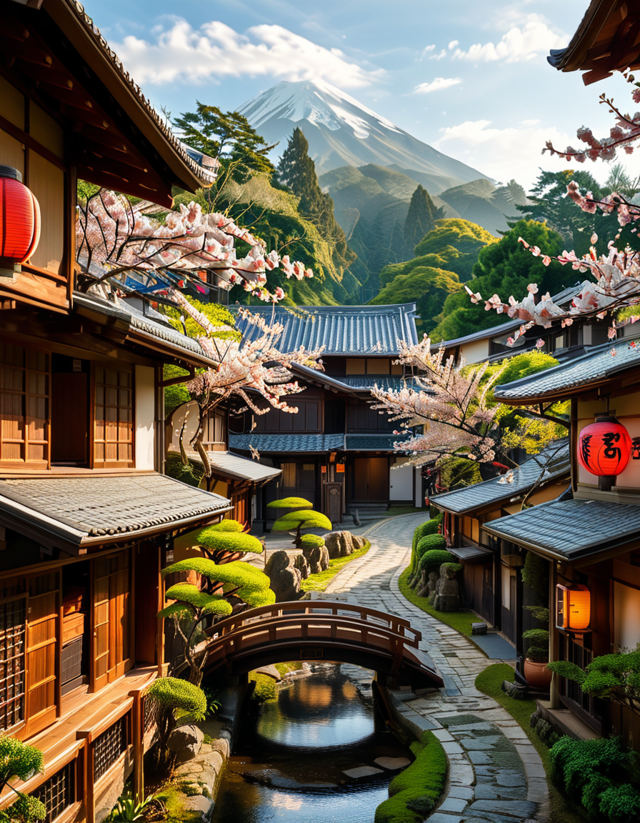 A picturesque traditional Japanese village nestled in a serene valley, surrounded by lush green mountains under a soft morning mist. The village consists of wooden houses with thatched roofs (gassho-zukuri style), showcasing intricate wooden details and sliding paper doors. A narrow stone-paved path winds through the village, leading to a small red torii gate at the entrance of a Shinto shrine. Cherry blossoms in full bloom line the streets, their pink petals gently falling in the breeze. A tranquil river flows through the village, crossed by an old wooden bridge with moss-covered stones. Villagers in traditional kimonos and straw hats go about their daily livesâan elderly man sweeping his porch, a woman carrying a basket of fresh produce, and children playing near a koi pond. The atmosphere is peaceful and nostalgic, with warm sunlight filtering through the trees, casting dappled shadows on the ground. The scene is rich in traditional Japanese aesthetics, evoking a sense of harmony and timeless beauty.
<lora:SDXLFaeTastic2400:0.4> <lora:extremely_detailed:0.4> extremely detailed,<lora:traditional_Japanese_v1ll4g3:1>,traditional Japanese v1ll4g3, Masterpiece,best quality,hi res,8k,hi res,8k,award winning,(sharp focus, intricate, highly detailed),