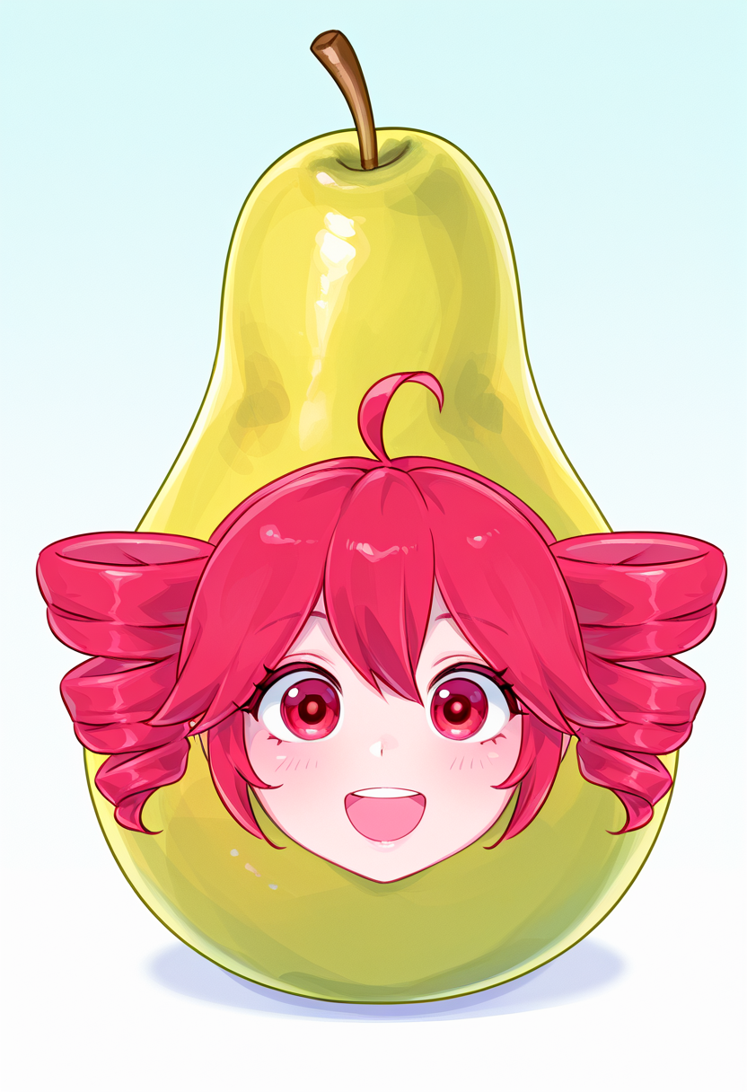 masterpiece, high quality, absurdres, pearto, 1girl, solo, food, fruit, kasane teto, looking at viewer, smile, open mouth, objectification, head only, <lora:pearto:1>