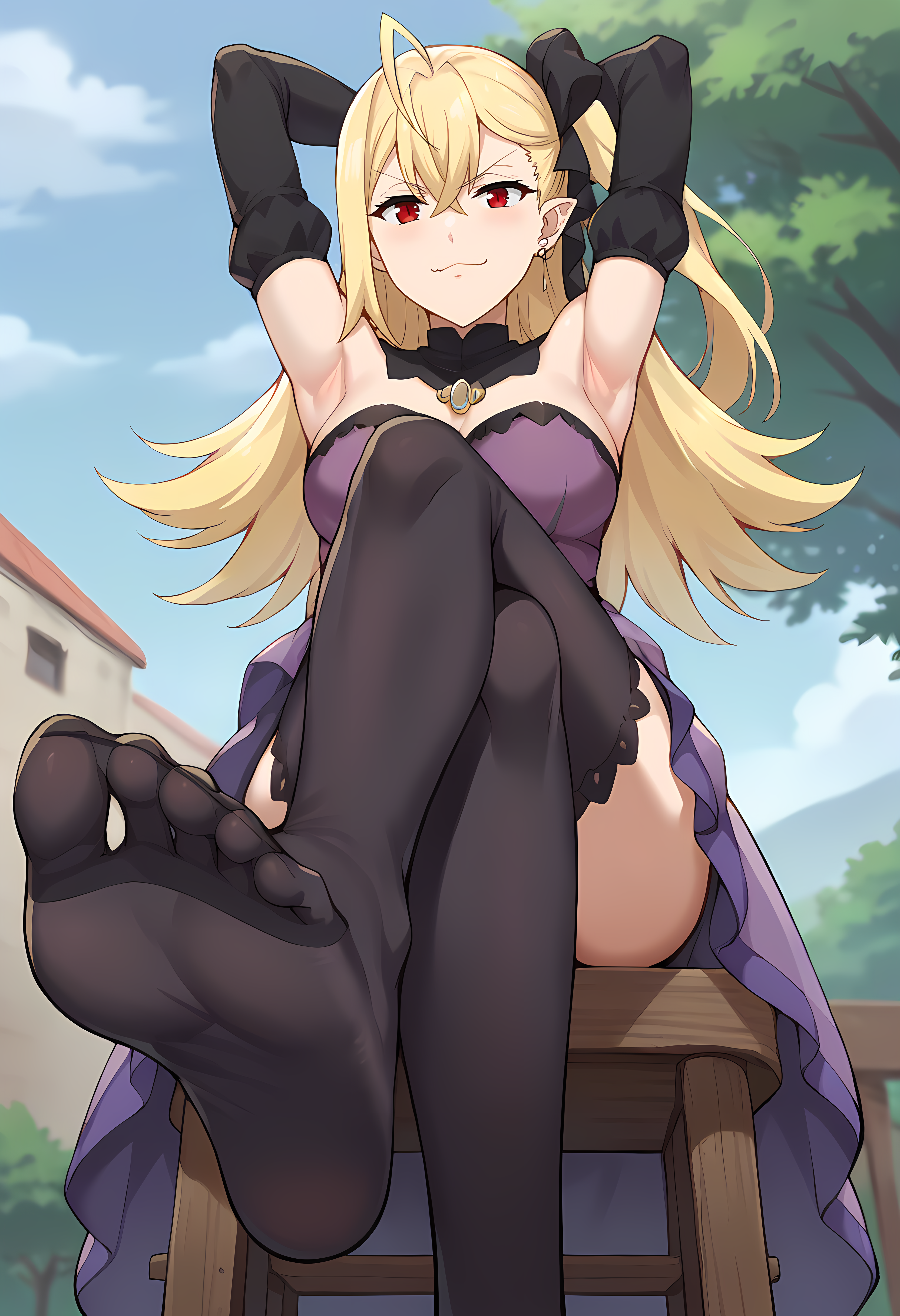 score_9, score_8_up, score_7_up,  source_anime, outdoors, C4rm1lla,1girl,long hair, blond hair, red eyes, hair between eyes, ahoge, hair bow, pointy ears, dress, purple dress, jewelry, earrings, bare shoulders, thighhighs, black thighhighs, bridal gauntlets, detached sleeves, detached collar, pov, view from below, foot focus, stretching, armpits, arms up, crossed legs, smug, 
sitting, looking at viewer, view from side,
<lora:Carmilla:0.8> <lora:(O.D.O.R.) - feet anime:0.9> feet