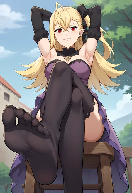 score_9, score_8_up, score_7_up,  source_anime, outdoors, C4rm1lla,1girl,long hair, blond hair, red eyes, hair between eyes, ahoge, hair bow, pointy ears, dress, purple dress, jewelry, earrings, bare shoulders, thighhighs, black thighhighs, bridal gauntlets, detached sleeves, detached collar, pov, view from below, foot focus, stretching, armpits, arms up, crossed legs, smug, 
sitting, looking at viewer, view from side,
<lora:Carmilla:0.8> <lora:(O.D.O.R.) - feet anime:0.9> feet