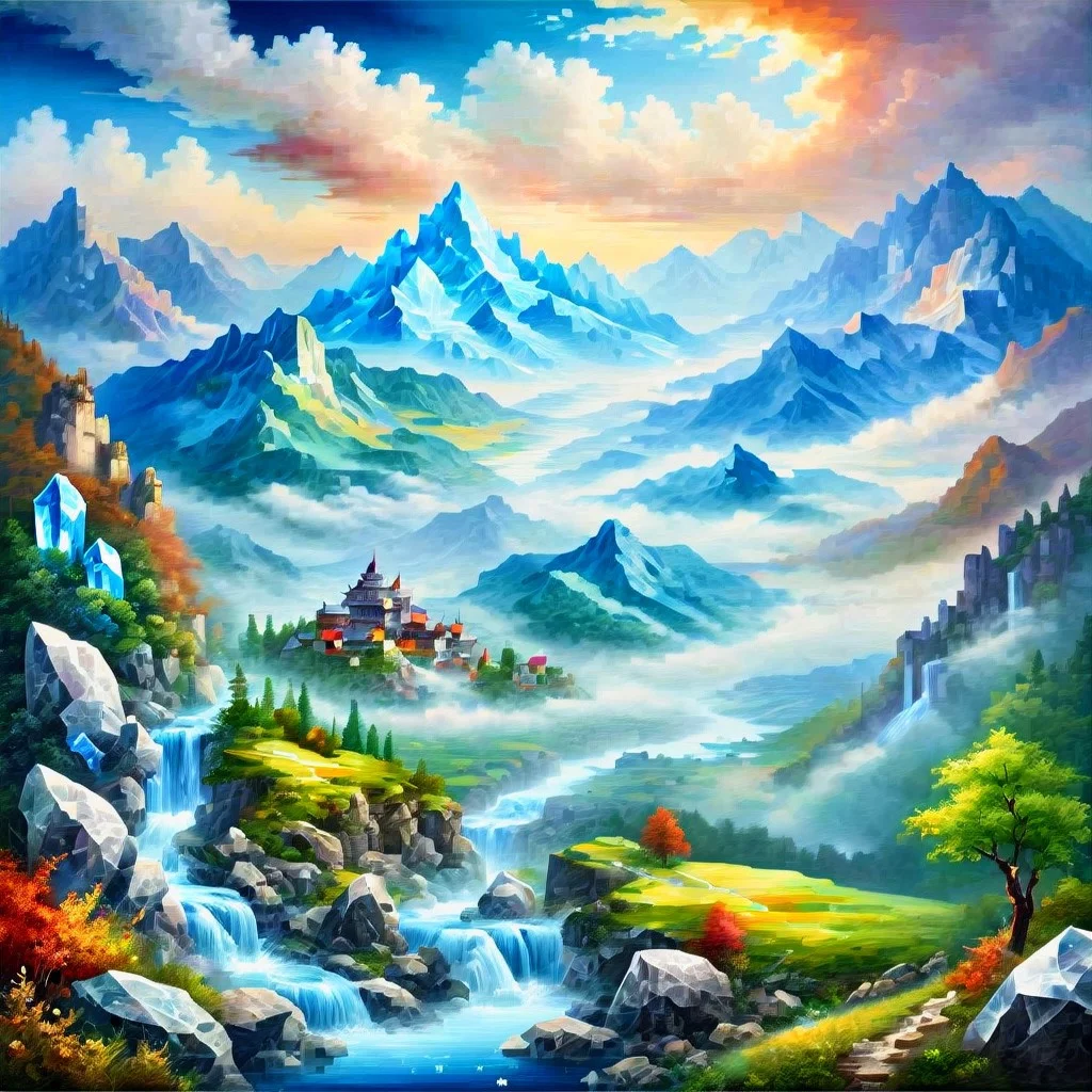 masterpiece, best quality, absurdres, year 2023, ((landscape made of crystal)), mountains, river, valley, clouds
