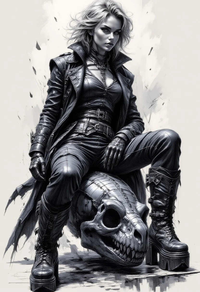 Pencil drawing, black and white, pencil strokes,
(A hyper-realistic, highly detailed colored sketch in the style of ck-ccd, vantablack high-fashion photograph) A 25-year-old woman with a sharp, angular jawline sits confidently atop a highly glossy obsidian metal Triceratops skull, its reflective surface capturing intricate dappled shadows. Her tousled, asymmetrical silver bob with undercut layers frames her striking face, accentuated by vantablack eyelines, long lashes, piercing vantablack eyes, and matte vantablack lips. She wears a fully vantablack avant-garde ensembleāa flowing asymmetrical coat with jagged, sculptural sleeves and layered metallic-textured accents, cinched at the waist with a structured corset-like belt. A pair of vantablack cybernetic-inspired fingerless gloves highlight her claw-like manicured nails. Her futuristic footwear consists of towering vantablack platform boots with intricate chrome detailing and sharp, angular soles. Seated in a poised yet assertive posture, her weight subtly shifts on the Triceratops skull, exuding effortless dominance. The surreal, high-contrast Cucoloris lighting casts fragmented, cinematic shadows across her and the reflective skull, intensifying the dreamlike fusion of high-fashion dystopia and futuristic storytelling.