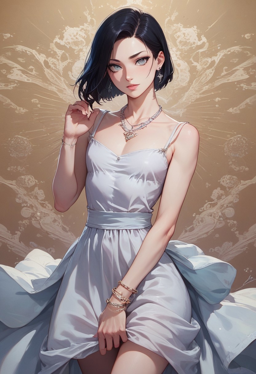 score_9, score_8_up, score_7_up, 1boy, femboy, otoko no ko, short hair, bob cut hair, black hair, grey eyes, gray eyes, feminine face, toned body, Shelly, camisole dress, loose dress, silk dress, earrings, necklace, bracelet, elegant, flowing, highly detailed, intricate, zzCitronCAT, flirty expression, model pose, cowboy shot, looking at viewer, modelshoot, abstract background, solo