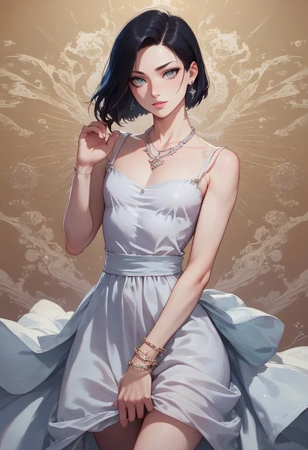 score_9, score_8_up, score_7_up, 1boy, femboy, otoko no ko, short hair, bob cut hair, black hair, grey eyes, gray eyes, feminine face, toned body, Shelly, camisole dress, loose dress, silk dress, earrings, necklace, bracelet, elegant, flowing, highly detailed, intricate, zzCitronCAT, flirty expression, model pose, cowboy shot, looking at viewer, modelshoot, abstract background, solo