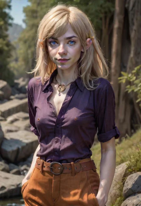 photo of pale (Age 19) female (halfling:1.75), (flat chested, rectangle body shape), (shaggy blonde, middle part), blue eyes, ((Dark purple)/(Dark Orange) masculine shirt/pants), homely, tiny, petite, thin, toned, lithe, full body, outdoors, HDR