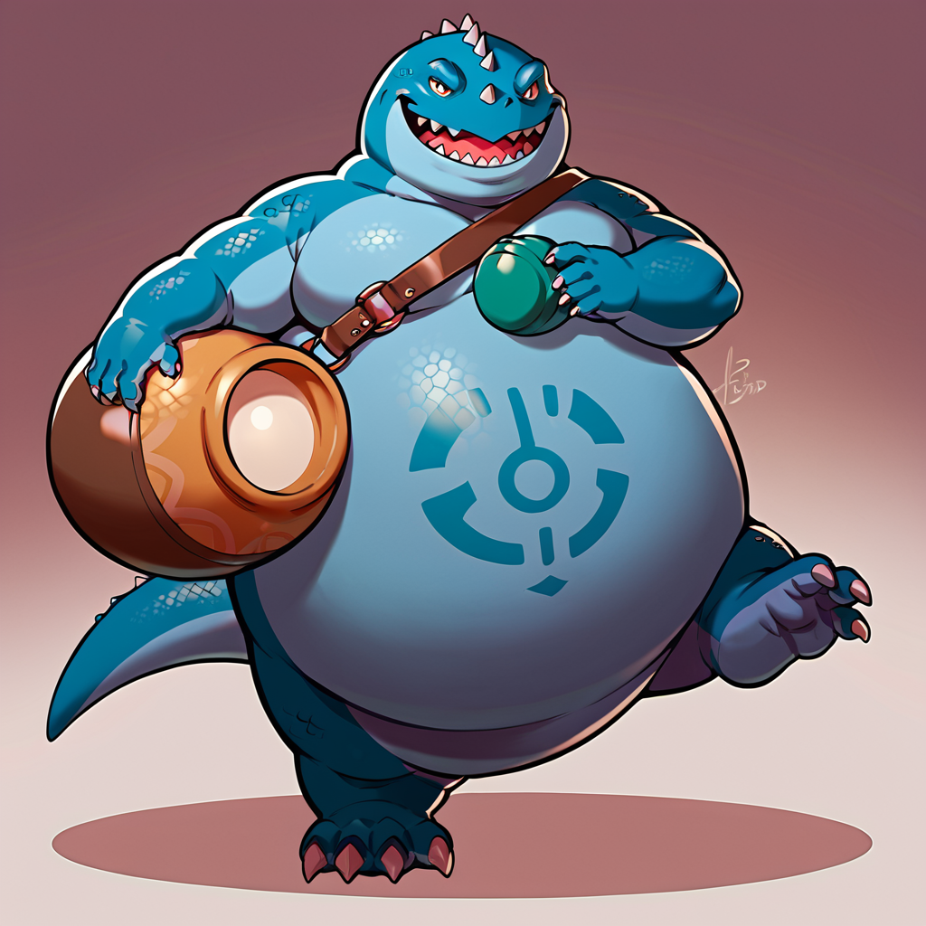 score_9, score_8_up, score_7_up, score_6_up, score_5_up, score_4_up,jarvis, blue skin, symbol on belly, dragon, fat, obese, carrying jar, spikes, stubby, pudgy, three toes, looking at viewer, smiling, action pose, standing on one leg, <lora:Fat_Dragons_Dragon_Quest_PonyXL:1>