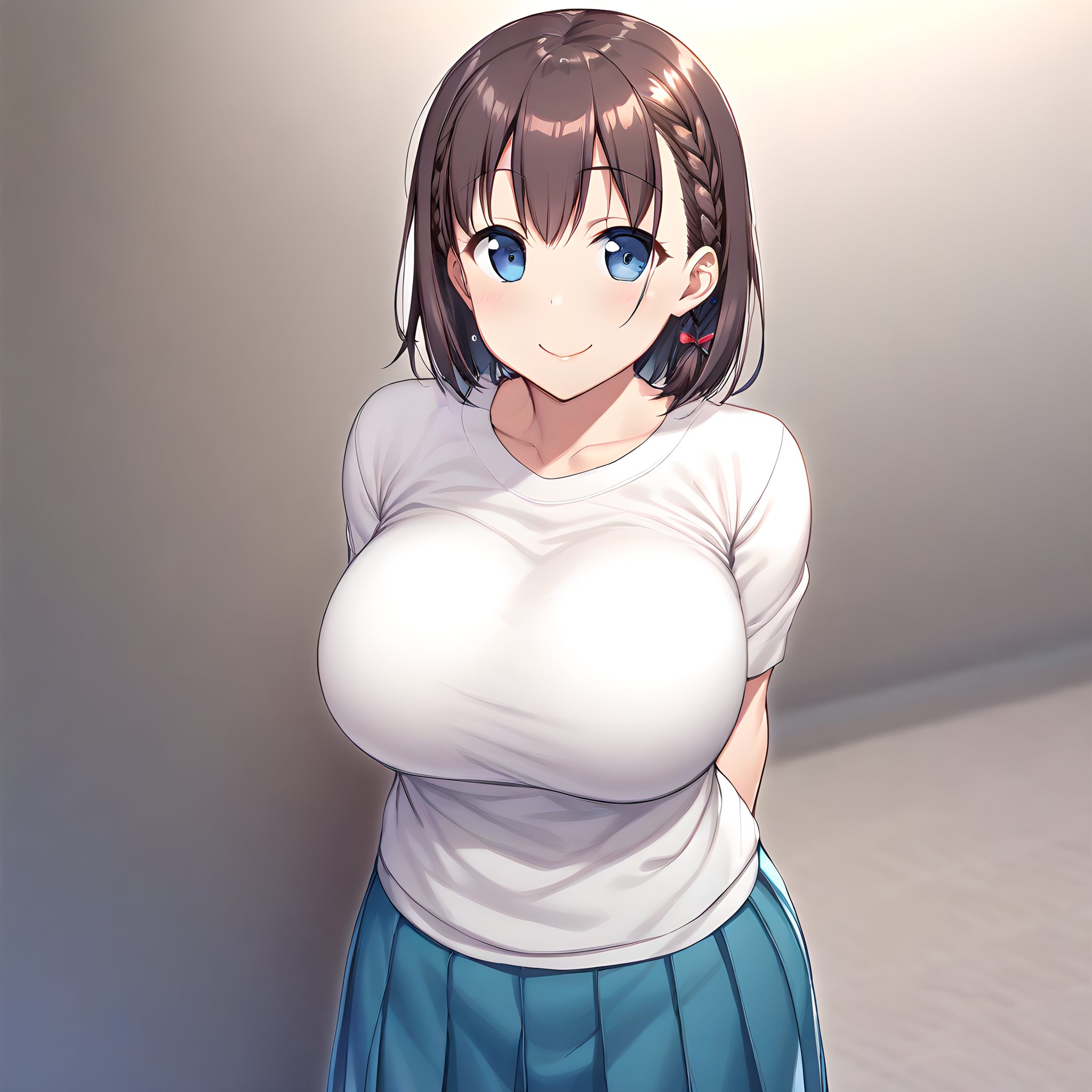 ai-chan(tawawa), 1girl, solo, breasts, braid, skirt, brown hair, large breasts, smile, short hair, shirt, looking at viewer, arms behind back, blue eyes, side braid, white shirt <lora:XL-Ai-chan(Tawawa):1>