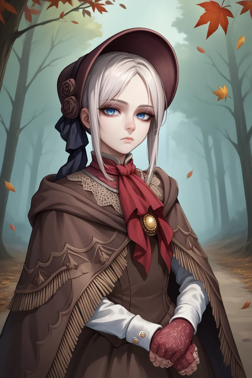 score_9, score_8_up, source_7_up, source_anime BREAK 1girl <lora:plaindoll-pdxl-nvwls-v1:1> plaindoll, white hair, doll joints, bonnet, red ascot, brown cloak, brown dress, gloves, looking at viewer, expressionless, forest, trees, fallen leaves, path, dark skies, grey sky, looking at viewer, desaturated, muted palette