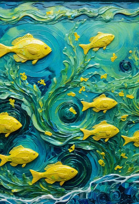 Bioluminescent train close-up, intricate carriage details, swirling bioluminescent ocean waves, vibrant blues, greens, splashes of yellow, fish silhouettes, textured, painterly, impasto, Van Gogh inspired