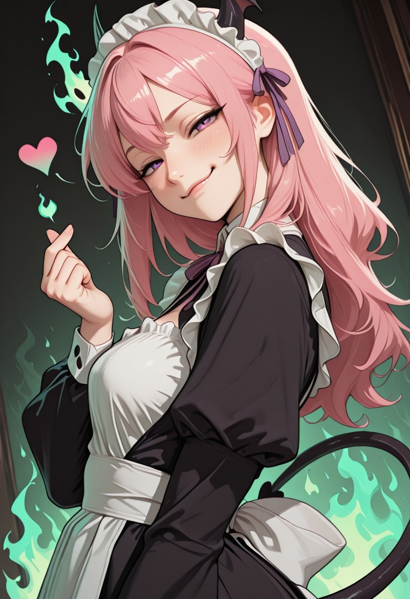 masterpiece, high_quality, highres, gradient, cinematic lighting, artist:moriimee,8k,
looking_at_viewer, [smirking], finger_heart gesture, devils tail, ribbons in hair, 
[Green_background], green fire, fire_background, dutch angle, side view, closeup, below view