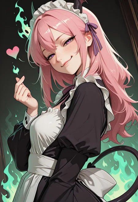 masterpiece, high_quality, highres, gradient, cinematic lighting, artist:moriimee,8k,
looking_at_viewer, [smirking], finger_heart gesture, devils tail, ribbons in hair, 
[Green_background], green fire, fire_background, dutch angle, side view, closeup, below view
