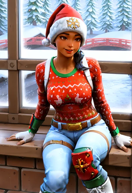 IllustriousQual <lora:StS-Illustrious-Detail-Slider-v1.0:2> <lora:cfg_scale_boost:0.3> detailed_background, bridge <lora:Nog_Ops_IL_V1:0.8> NogOpsIL, santa hat, black hair, braid, brown eyes, dark skin, fingerless gloves, sweater, christmas sweater, red clothing, white clothing, snowflake print, belt, denim, thigh strap, knee guard, boots, Leaning on an invisible window