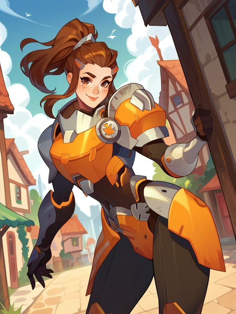 score_9, score_8_up, score_7_up, 1girl, dynamic pose, cowboy shot, looking at viewer, sexy pose, sexually suggestive, light smile, dutch angle, town, sky, leaning forward,
 <lora:ABriggite_character:0.8>, BriggiteXL, brown eyes, brown hair, ponytail, hair pulled back, freckles, hairclip, sidelocks,, power armor, armor, breastplate,,  <lora:afkArenaStylePony:0.8> afkArenaStyle,