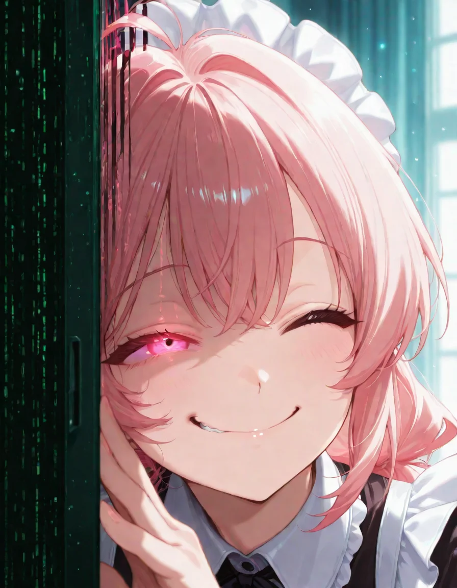 masterpiece, best quality, anime screencap,<lora:CivChan:1> civchan, 1girl, solo, smile
BREAK;
<lora:Matrix_Style:1> om0atrix0, glitch, pink theme, wide eye, glowing eye, messy hair, twisted smile, teeth clenched, hand on screen,
BREAK;
sweet smile, loving, happy,