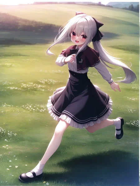 masterpiece,best quality,amazing quality,very aesthetic,absurdres,newest,scenery,<lora:Sion_ilxl_v1-000010:0.8>,1girl,solo,red eyes,long hair,dress,mary janes,blush,smile,looking at viewer,open mouth,school uniform,capelet,bow,ribbon,sion,standing,white hair,running,on grass,from side, outdoors, field,