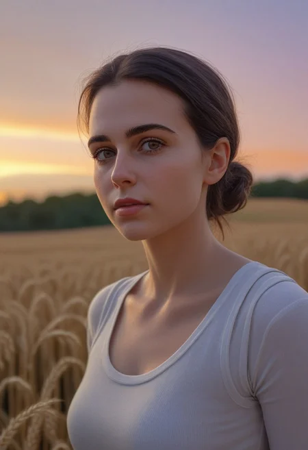 30yo american woman in a wheat field
Small eyes. Brown eyes.
Wearing white tank top. no makeup. Clear skin.  realistic skin style
Long dark black slick back hair. No makeup. Dusk, Street light. Looking at camera POV. Slight smile, tilting head.. Tilt head. Hands in head, face, lips.
Medium Close Up shot. Bokeh. Heavy Bokeh light. Dawn. yellow, red, purple orange. sky.