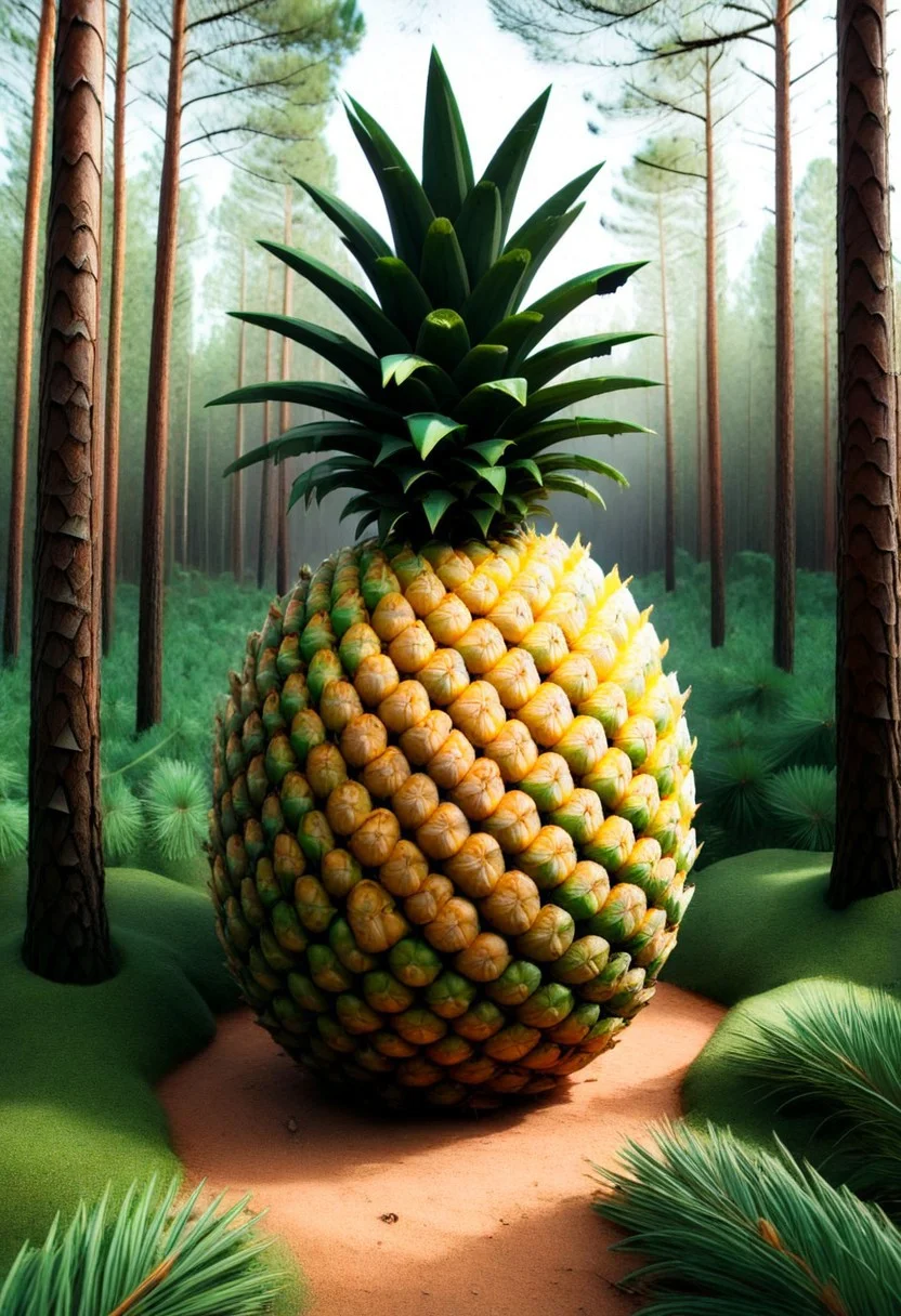 a giant pineapple in the middle of the forest, pines and needles, made of trees, cinematic and surreal, storybook surrealism