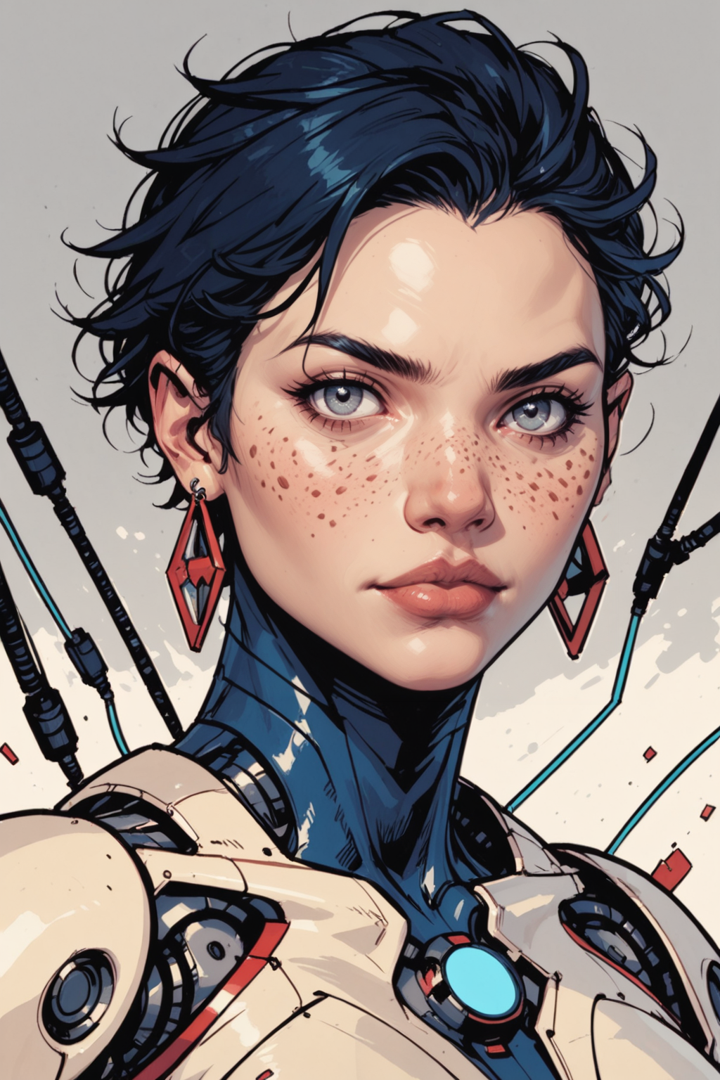 1girl, solo, mechanical parts, android, science fiction, realistic, looking at viewer, upper body, lips, grey background, short hair, earrings, cable, grey eyes, jewelry, freckles, joints, robot joints, <lora:Expressive_H:0.5>, score_9, score_8_up, score_8_up, a_Comic_Illustration, rough lines with ink, (drawn:1.1), (sketch:1.5), (crosshatching:1.25), (comic style:1.1), graphic novel style, sharp lines, hires, zstyle, (western comics \(style\):1.1), (hatching \(texture\):1.2), zPDXL, Mr_Monster_Possitive