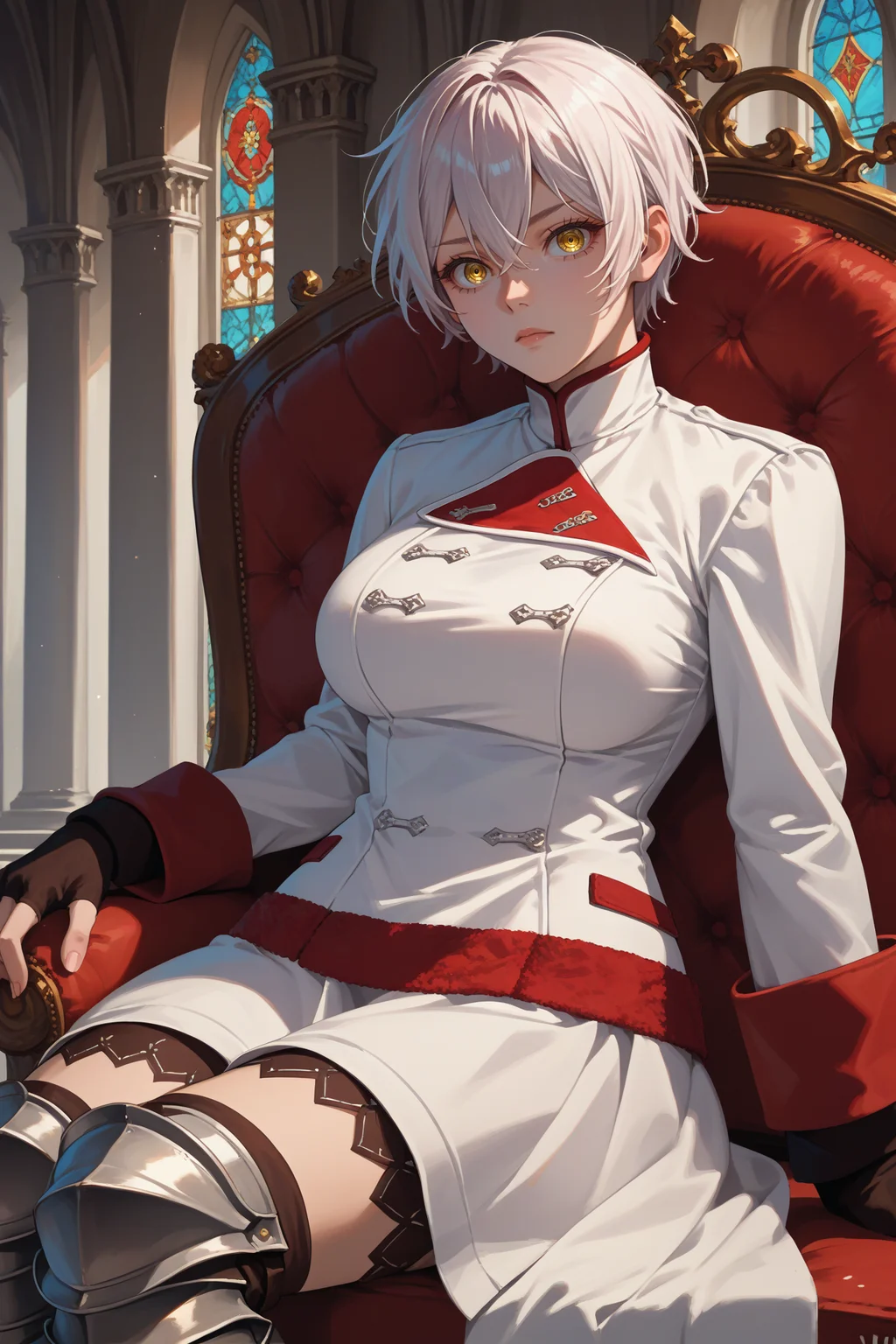 score_9, score_8_up, score_7_up, score_6_up, source_anime, 1girl, solo, <lora:vanitasjeanne-pdxl-nvwls-v1-000006:1> vntasJne, white hair, yellow eyes, short hair, white uniform, long sleeves, fingerless gloves, white skirt, armored boots, big breasts, sitting, mansion, red chair, looking at you