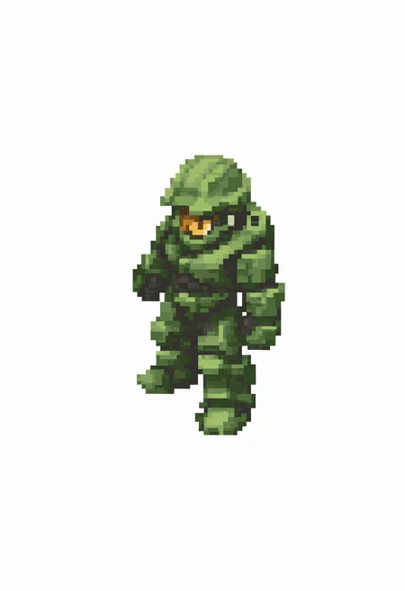masterpiece, best quality, solo, 1boy, <lora:FFT-Sprites-illus_Fp:1>, looking at viewer, from side, full body, standing, solid oval eyes, no mouth, no nose, pixel art, simple background, white background, <lora:masterchief-halo-richy-v1_ixl:1>, masterchief, helmet, visor, power armor